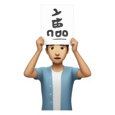 asian person holding lage paper sign above their head with both hands sticker