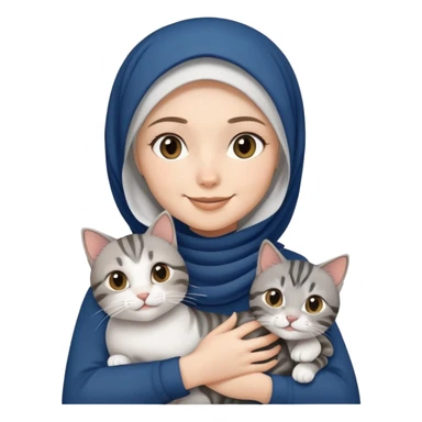 White girl wearing dark blue hijab with white shirt smiling while holding a black grey tabby cat sticker