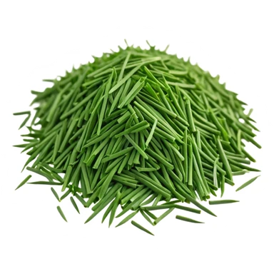 loose scatter of finely chopped dry green herb bits, short tubular shapes, crisp matte texture, uniform thin straight pieces, vibrant to muted green tones, evoking dried chive stalks, soft lighting, subtle shadows, emoji scale sticker
