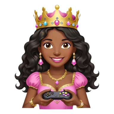 Crown dark black women smiling with really long WAVY hair pink dress pink crown facing forward black hair middle age adult woman gold gems in crown gold earrings  one woman smiling wink head only with game controller sticker