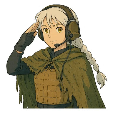 1 female, mid 20's, white hair in a long braid, gold yellow eyes, adorned in a black long sleeve shirt, tan body armor and a worn olive-green cloak with netting holding it together. She wears a COMTAC headset. is giving a stealthy salute sticker