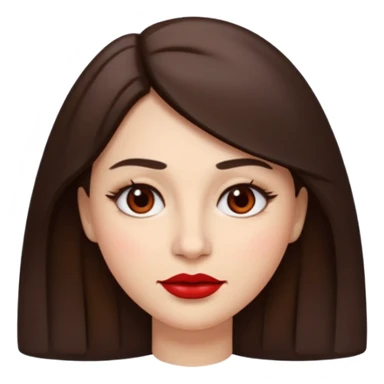 A woman emoji with fair skin, slightly wavy dark brown hair parted in the middle, an oval-shaped face, arched dark eyebrows, almond-shaped brown eyes, a small straight nose, and full lips with deep red lipstick. sticker