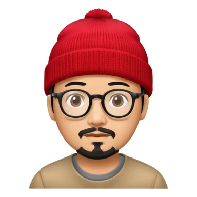 Asian man with black goatee, glasses, wearing a small red beanie sticker