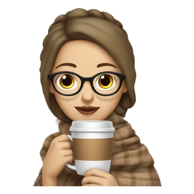 White brunette girl sipping a cappuccino covered in a blanket with glasses and a ponytail sticker