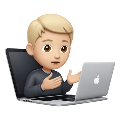 A dark-colored laptop with the screen open. From the screen, a person is emerging, standing or sitting as if giving a lecture or teaching. The person should look expressive and in a teaching pose. Soft shadows, semi-3D Apple emoji style, clean white background. sticker