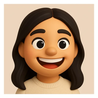 Create a 3D emoji-style portrait with a big smile, round face, large eyes, and a cheerful expression based on the reference image. The style should mimic the look of Microsoft style 3D fluent emojis, capturing the joyful and friendly vibe. sticker