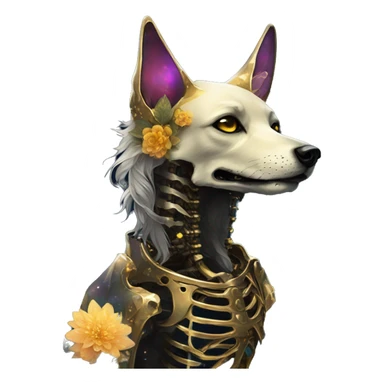 Black iridescent dog fox zombie skeleton gold mechanical nebula galaxy stars flowers fairy lights vintage sticker
