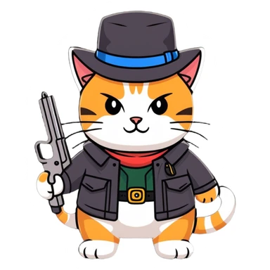 Cat holding a gun with hat on sticker