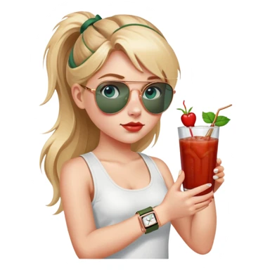girl with long blond pigtailed hair
with blue eyes
and aviator sunglasses
wearing white tank top 
holding bloody mary
wearing (rose gold apple watch with forest green band) sticker