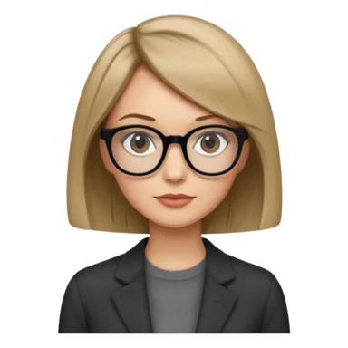woman dark blonde petite bob haircut wears dark squarish glasses, classic clothes sticker