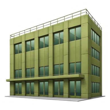 brutalist industrial factory building, military olive green color, large windows, industrial doors, no smoke, visually appealing, no weapons, no vehicles, not a house sticker
