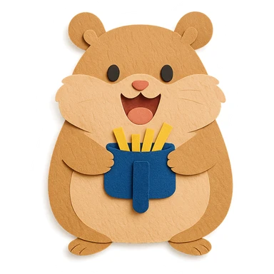fluffy air fryer hamster holding tiny crispy fries, excited face, soft brown, full-body sticker