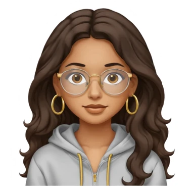 Make a girl with dark brown wavy hair and brown eyes she's tan latina and she has clear glasses and small hold hoop earings make her hair longer and her a hoodie sticker