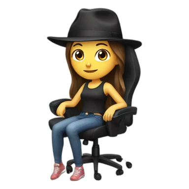 girl with brown hair sitting on a gaming chair, wearing a black hat sticker