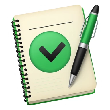 Notes book with pen and massive green tick sticker