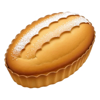 A madeleine pastry. Oval shaped with lines going in the same direction as the oval. Light golden brown. Scalloped edge sticker