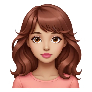 gorgeous woman, light tan skin, big dark brown eyes, very long wavy auburn hair, bangs, pink top, coral lipstick, side profile sticker