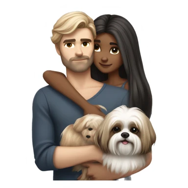A couple, one very beautiful girl with very long volume hair brown and blond and one boy with perfect hair that hugs her and also hugs two little dogs shih tzu black and white sticker