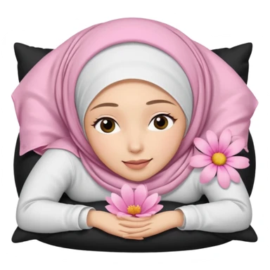 The image is a close-up selfie of a young woman wearing a white hijab. She is lying on her back with her head resting on a black pillow. She has a pink flower in her hair and is looking directly at the camera with a slight smile on her face sticker