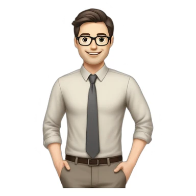 Pale skinned fit man with dark brown hair in gray jacket, beige office shirt, brown tie, brown pants and vintage glasses Writing on the marker board sticker