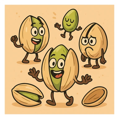 cartoon style pistachios, colorful, simple shapes, playful sticker