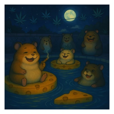 Make the scene night time with a dark sky, glowing pool lights, and moonlight. Keep the Ghibli style and cult weed cheese pool party theme. sticker