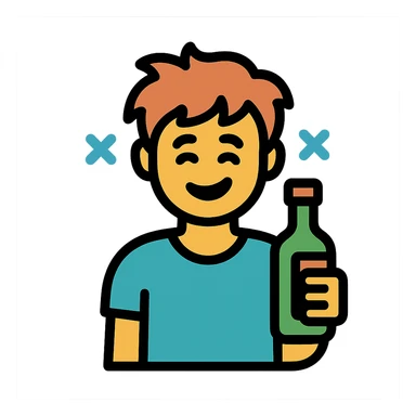color outline icon of a GTA-style person with messy hair, bottle, tipsy smile, playful style sticker