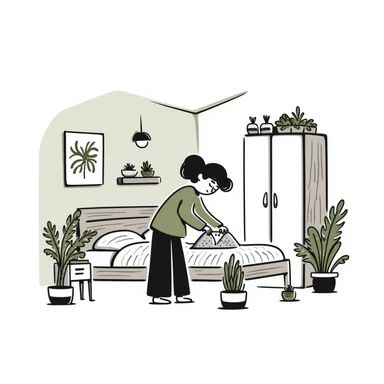 Organizing bedroom with olive green walls, wood bed, plants around, and wood closet sticker