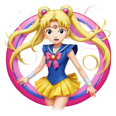 Icon for Anime: vibrant, dynamic scene with characters of Bishoujo Senshi Sailor Moon in action, featuring exaggerated expressions and colorful backgrounds. The design should reflect the distinct, energetic style of anime, with iconic eyes and unique visual elements. Transparent background. sticker