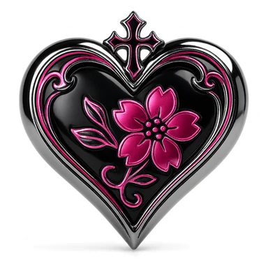 goth sakura heart, y2k aesthetic, glossy black and hot pink, chrome accents, playful and bold sticker