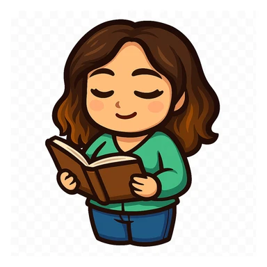 Sticker style chibi emote, matching the attached green heart emote as a base, but with a slightly skinnier body and a bigger chest. Woman from reference, mint green blouse and blue jeans, reading a book, cute focused face, no headband, no wand, no green heart, transparent background. Top color should not match jeans. sticker