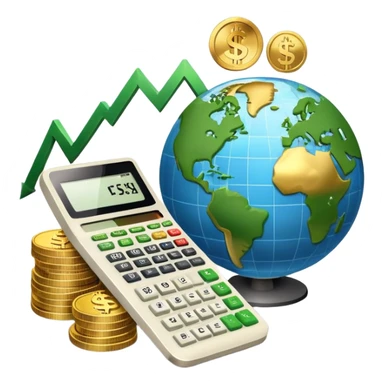 An icon featuring a calculator, a dollar sign, and a chart with upward trends, symbolizing economics. The design includes coins, bills, and a globe, representing global trade and financial systems. Transparent background highlights the study of markets, supply, and demand. sticker