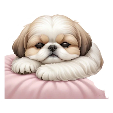 Meme-Worthy Cute Sleeping Shih Tzu Portrait Emoji, Head resting peacefully with a tender, contented smile and eyes delicately closed in serene slumber, showcasing a luxuriously fluffy fur in soft pastel tones, simplified yet irresistibly adorable, highly detailed, glowing with a warm, drowsy radiance, high shine, exuding calm, cozy charm, styled with a gentle, soft glowing outline, capturing the essence of a sleeping Shih Tzu that radiates utterly adorable, sleepy bliss! sticker