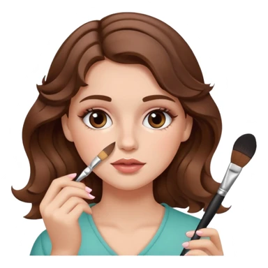 Chica blanca con el cabello castaño y ondulado, poniéndose rubor en la cara con una brocha de maquillaje en la mano derecha sticker