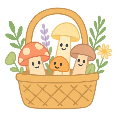 basket full of forest goodies with mushrooms, herbs, flowers in soft pastel colors, pastel-toon style sticker