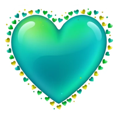 emoji: teal and neon green gradient heart with celebration confetti from behind. sticker