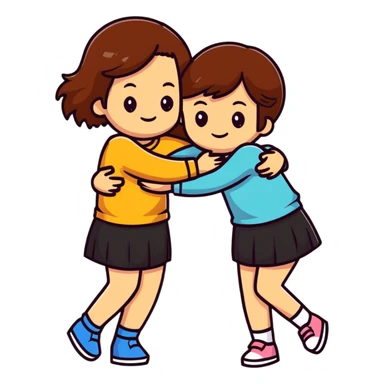two girls hugging, one with brown hair sticker