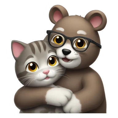 A brown bear cub in glasses hugs a gray cat sticker