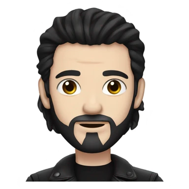  Man with pale skin, very long black hair, black goatee, square jawline, eyeliner, black leather jacket, black pants, black shirt and pentacle necklace sticker