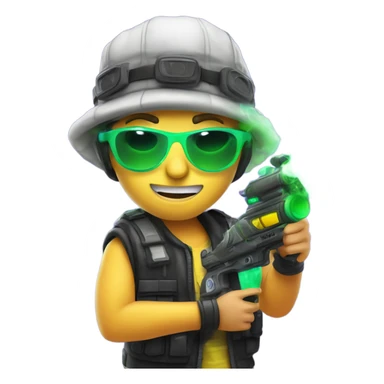 Caucasian boy in glowing rave gear with sunglasses and mask and hat and headlamp and shooting a bubble gun sticker