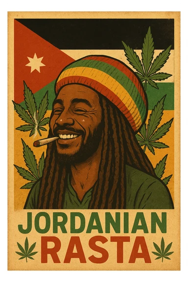 A digital vintage-style poster illustration of a Jordanian Rasta man with dreadlocks, wearing a red, yellow, green striped tam hat. He is smiling peacefully with a lit herbal spliff in his mouth. The background features the official Jordan flag — black, white, green horizontal stripes with a red triangle and a white 7-point star — accurately displayed behind him. Cannabis leaves are tastefully arranged around the composition, and the poster includes Rasta color textures blended with the Jordanian palette. Use a retro poster style with warm, slightly aged textures, bold outlines, and soft shading to evoke a soulful reggae vibe that honors both Jordanian pride and Rasta spirit. The mood is chill, powerful, and respectful sticker