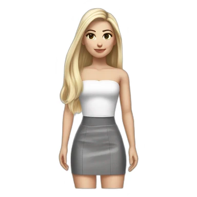 hyperrealist caucasian long straight hair blonde brown eyes strapless white low cut top gray tight mini skirt black shoes complete body sticker