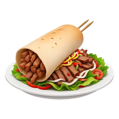 Cinematic Realistic Doner Kebab Dish Emoji, showcasing succulent, spiced meat shaved from a rotating spit rendered with lifelike detail and dynamic, appetizing lighting. sticker