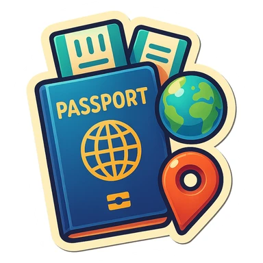 retro sticker-style image of a passport with two tickets, a small globe, and a location pin icon, bold outlines, juicy colors, expressive shadows and highlights sticker