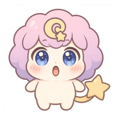 Stella Puff (星星噗噗) kawaii chibi style front view very surprised shocked expression, big sparkling glassy blue-violet eyes wide open, mouth in O shape, puffy pastel pink-purple gradient hair with yellow star swirl, creamy white round body, coral pink blush, short arms and legs, soft golden star tail, clean lines, transparent background sticker