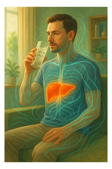 A man in a calm domestic environment, sitting with a transparent bottle or glass in hand containing an Epsom salt solution. He has a focused and aware expression. His body is partially transparent, with the liver highlighted brightly as if in a cleansing phase. Around the body, fluid energetic lines symbolize detoxification. The atmosphere is relaxed and natural, with warm light and green and blue tones representing health and purification. sticker