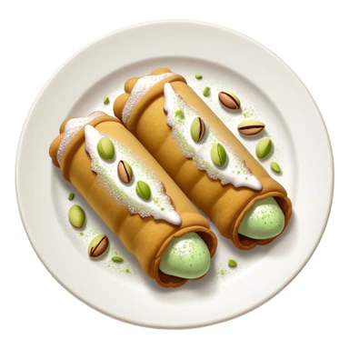 Realistic plate of cannolis with pistachio dust and powdered sugar sticker