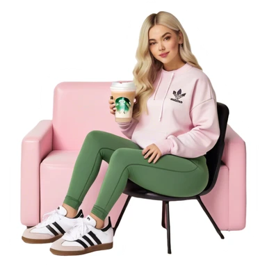 Girl long bright blonde hair middle part with rosy cheeks and plump mauve lips and green colored eyes wearing a white colored sweatshirt and black leggings, adidas OG Samba sneakers sitting in a large pink chair holding a latte sticker