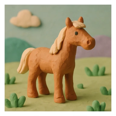 horse standing in a field, pastel colors, visible fingerprints, playful and textured, claymation style sticker