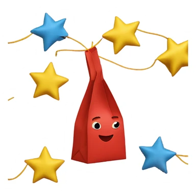 Four-pointed stars pop out of a red paper bag with a yellow string sticker